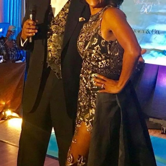 Terani Couture Black & Gold Embroidered Halter Gown - Stunning! - Picture 5 of 5